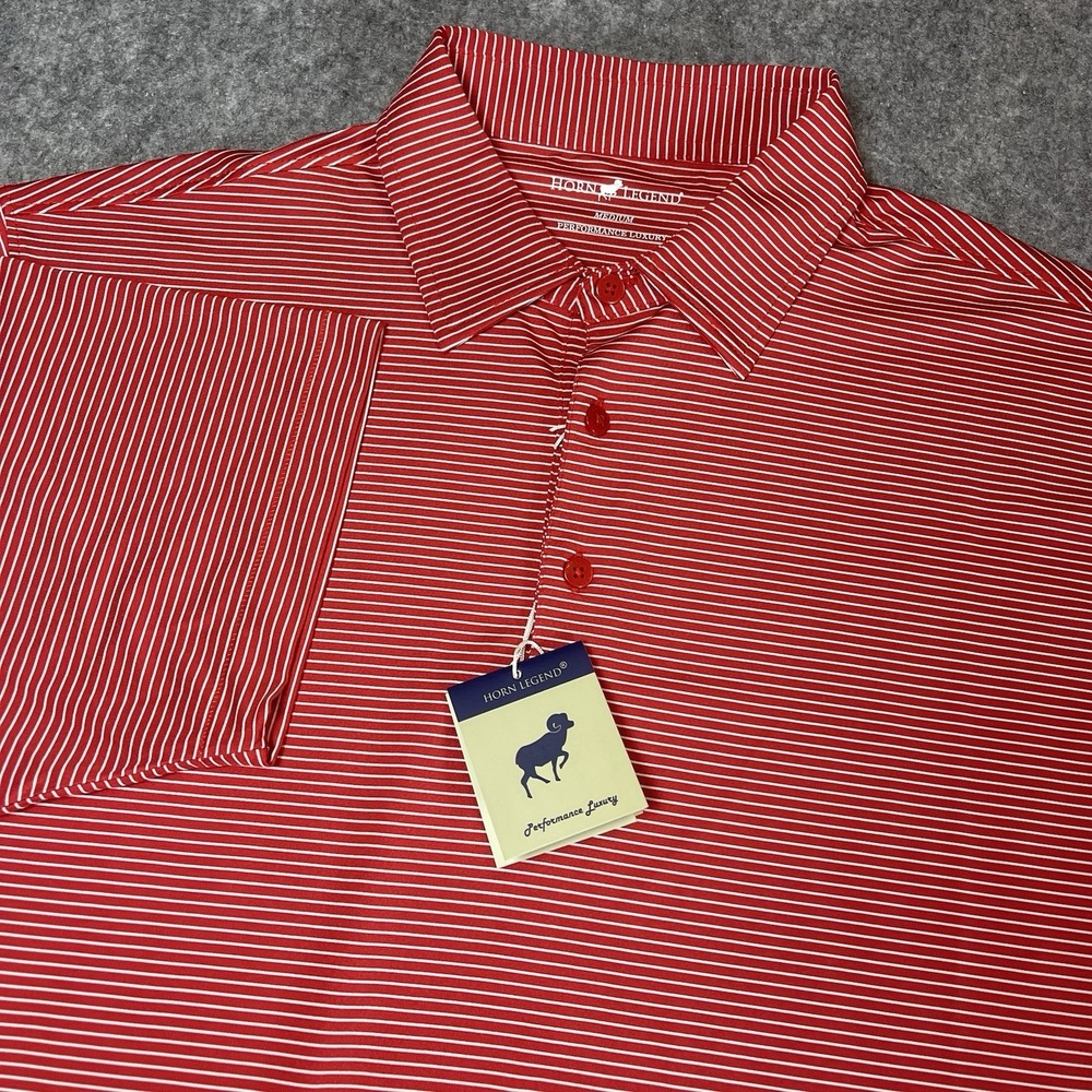 NEW Horn Legend Performance Luxury Polo Shirt Mens Sz M Red Striped UPF 35+